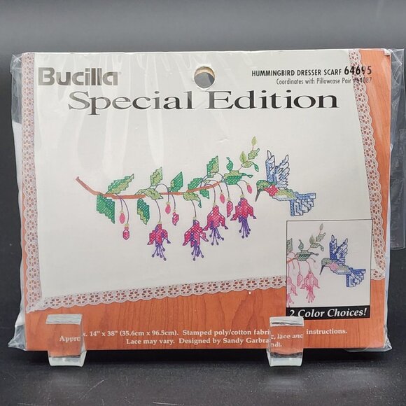 Bucilla Cross Stitch Kit Special Edition Hummingbird Dresser Scarf #64695 VTG - Picture 1 of 2
